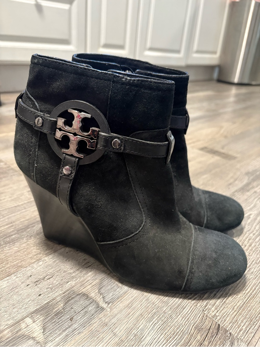 Tory Burch Black Suede Wedge Ankle Booties with Logo Accent